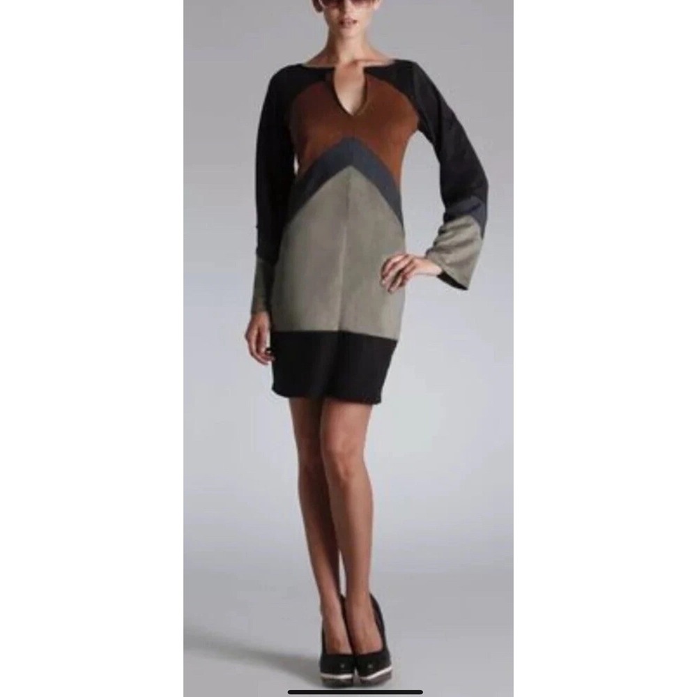 Hale Bob Dress Blue Camel Gray‎ Faux Suede Color Block Size Medium